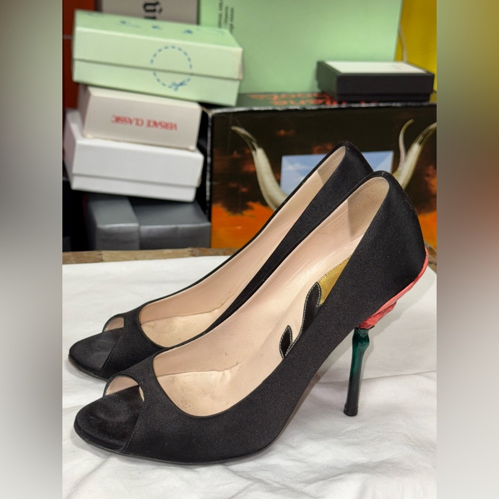 PRADA Fairy Collection Black Satin Peep Toe Sculpted Flower Heel
